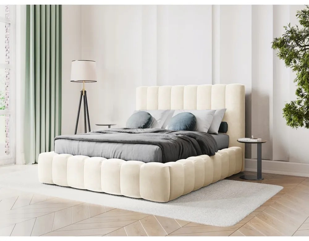 Bézs kárpitozott franciaágy tárolóhellyel, ágyráccsal 180x200 cm Kelp – Micadoni Home