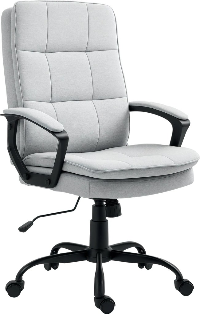 HOMCOM Ergonomikus Irodai Szék Állítható Magassággal és Karfával, Forgó Szék Ringató Funkcióval, Vászon Hatású, Kárpitozott Számítógépes Szék, Szürke