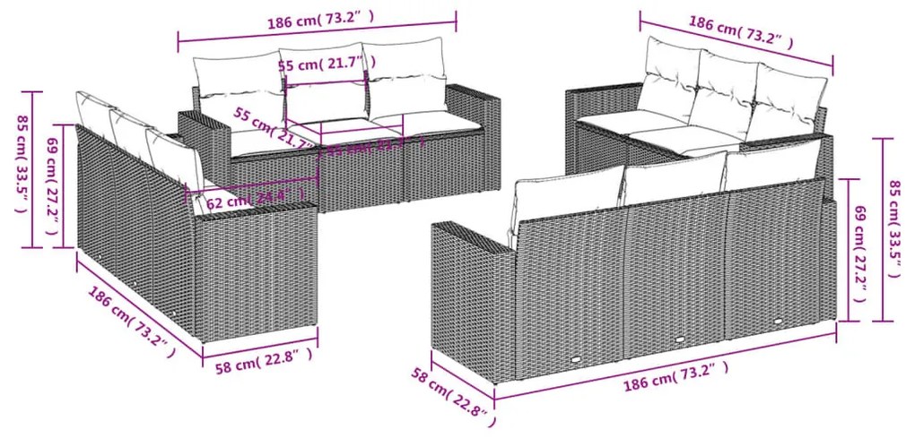 12 részes fekete polyrattan kerti ülőgarnitúra párnákkal