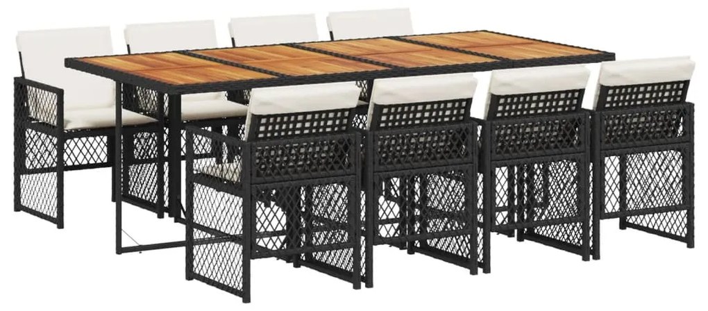 9 részes fekete polyrattan kerti étkezőgarnitúra párnákkal