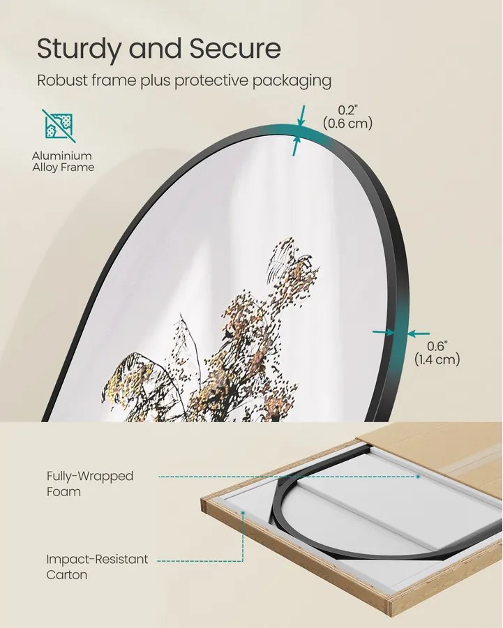 Íves állványos tükör, 150 x 40 cm, alumínium kerettel, fekete színben