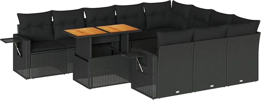 vidaXL 11 részes fekete polyrattan kerti ülőgarnitúra párnákkal