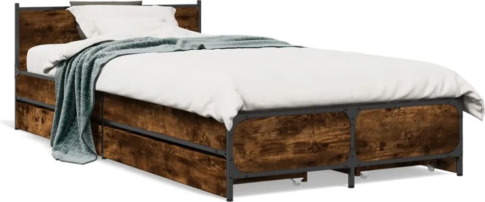 vidaXL füstös tölgy színű szerelt fa ágykeret fiókokkal 75x190 cm