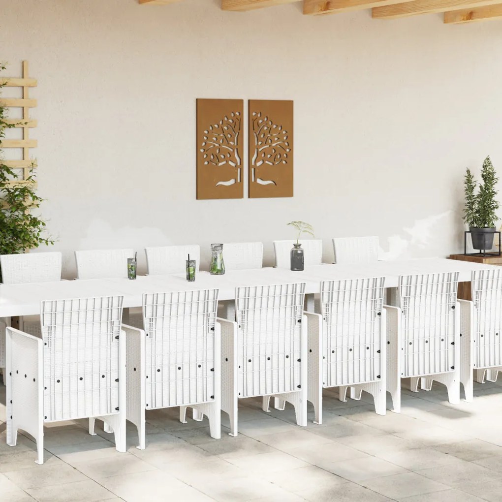 15 darabos Kert Étkező Szett Fehér Poli Rattan, Kert Asztal Fehér 250x100x73 cm Poli Rattan, Kert Asztal Fehér 150x100x73 cm Poli Rattan, Kert Székek 2 db Fehér Poli Rattan, Kert Székek 4 db Fehér Poli Rattan