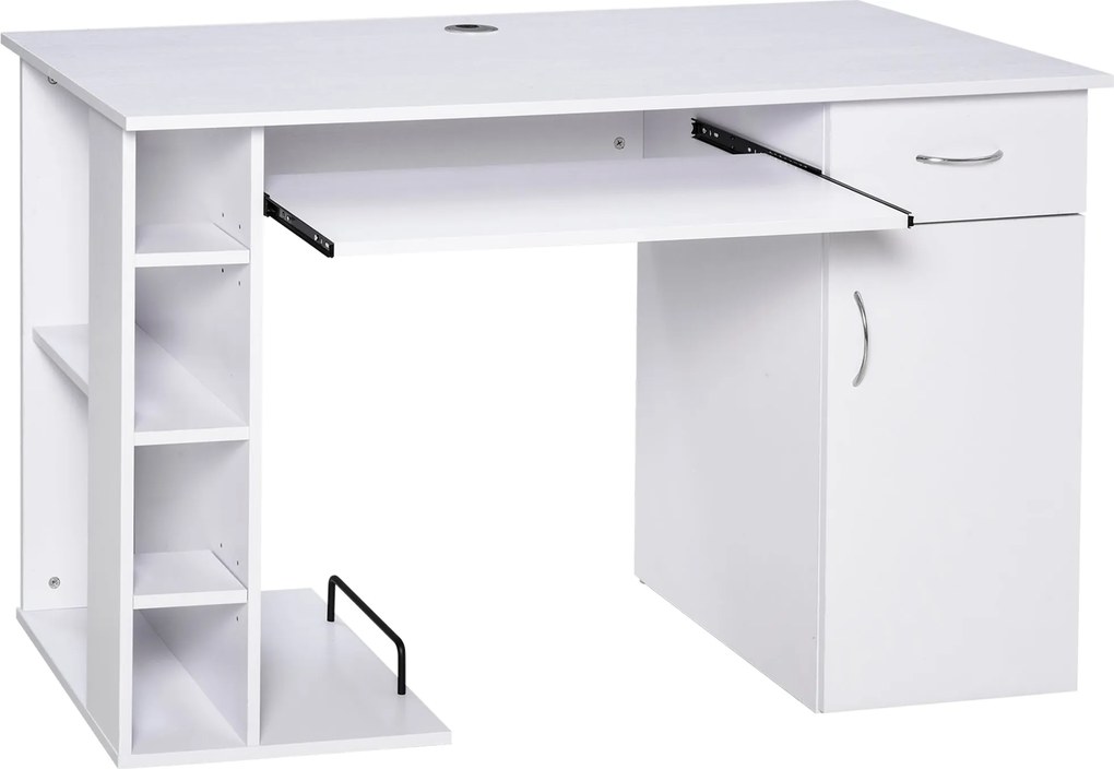 HOMCOM Számítógép Íróasztal Multimédia Számítógép Asztal Többszörös Tárolószekrénnyel és Billentyűzettartóval MDF 120 x 60 x 74 cm Fehér | Aosom