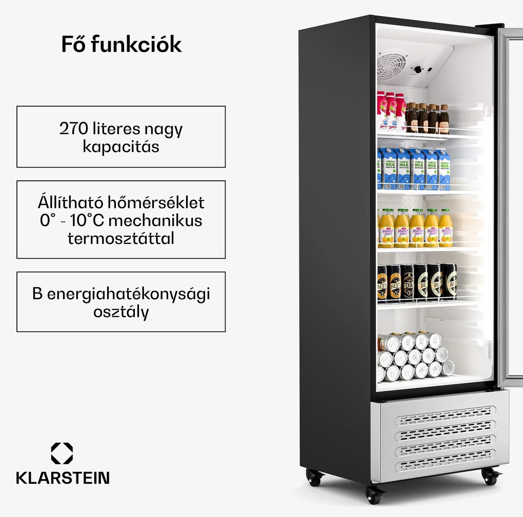 Klarstein GrandCooler italhűtő, 270 l, LED világítás, kerekekkel, 4 polc