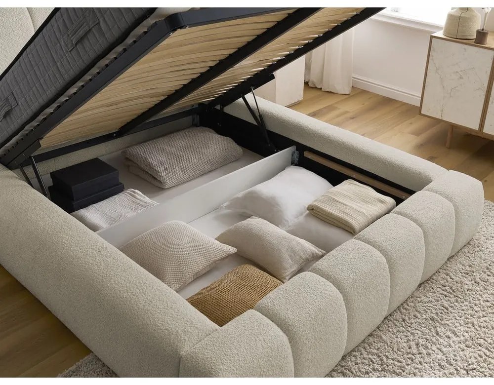 Bézs kárpitozott ágyneműtartós franciaágy ágyráccsal 140x190 cm Denali – Bobochic Paris