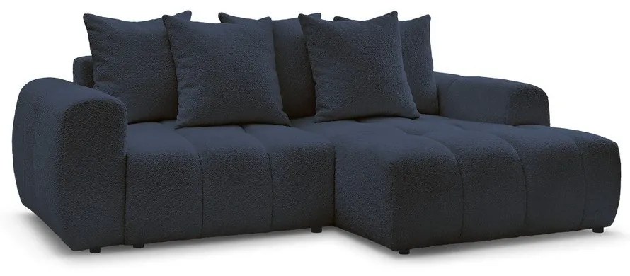 Kék buklé kinyitható-tárolóhelyes sarokkanapé (jobb oldali-heverő résszel) Roxelane – Bobochic Paris