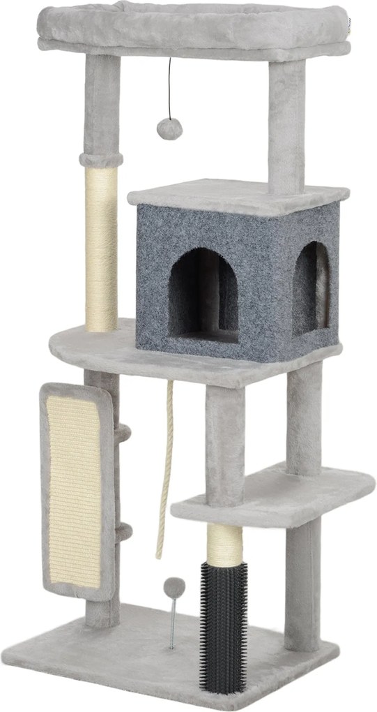 PawHut Kaparófa 132 cm Macskafa Macska Bújóval, Játék Gömbbel, Sisakos Kaparóoszlopokkal, 6 kg-ig Terjedő Macskák Számára, Világosszürke | Aosom
