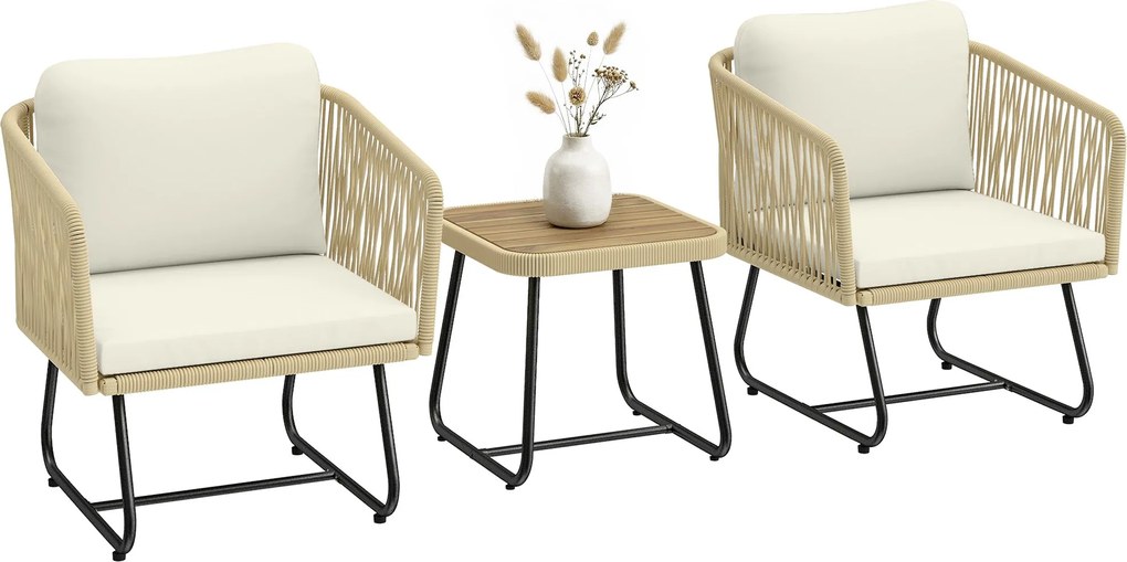 Outsunny 3 részes rattan bisztró szett akác lamellás asztallal és 2 párnázott székkel, krémfehér | Aosom