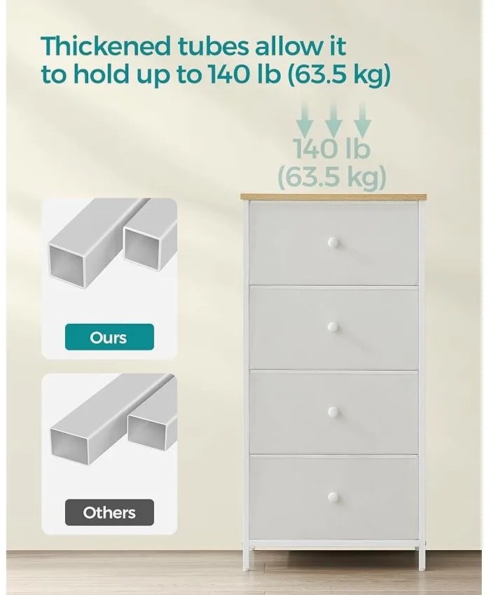 Tároló szekrény négy fiókkal, ruhás szekrény, fehér és tölgy 80x30x85cm