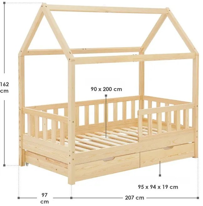 Juskys Nalu gyerekágy 90x200 cm tárolóval – natúr