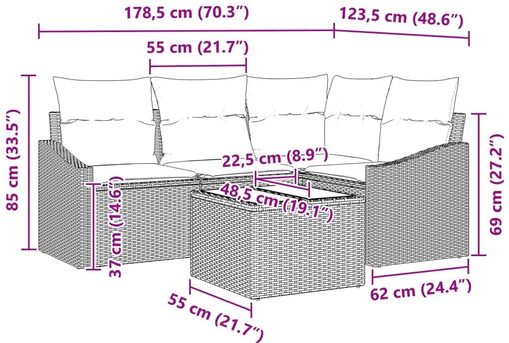 4 részes Kert Bútor Szett Párnákkal Barna Poli Rattan