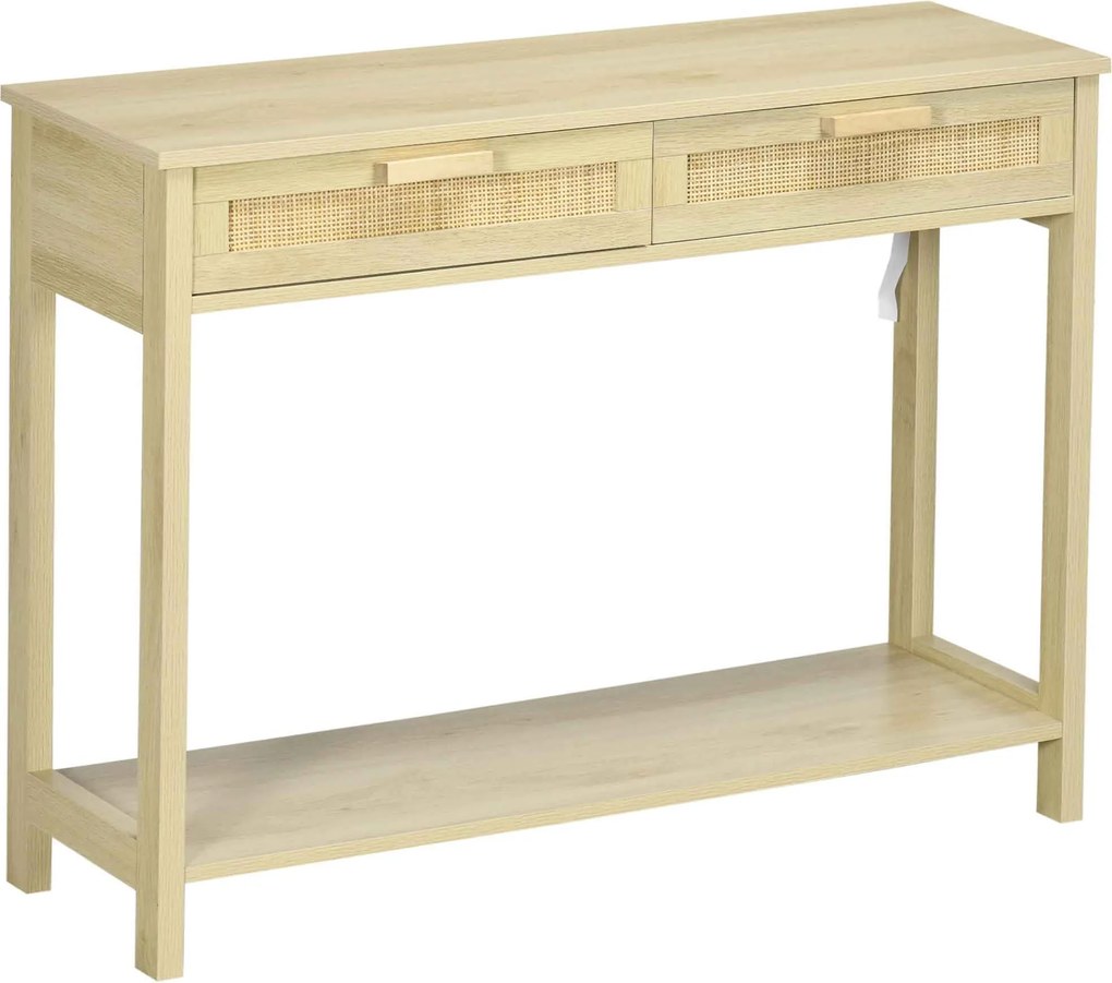 HOMCOM Konzol Asztal Előszoba Asztal 2 Fiókkal Rattan Felülettel és Alsó Polccal Előszobába, Nappaliba vagy Hálószobába Rusztikus Stílusban 100x30x76