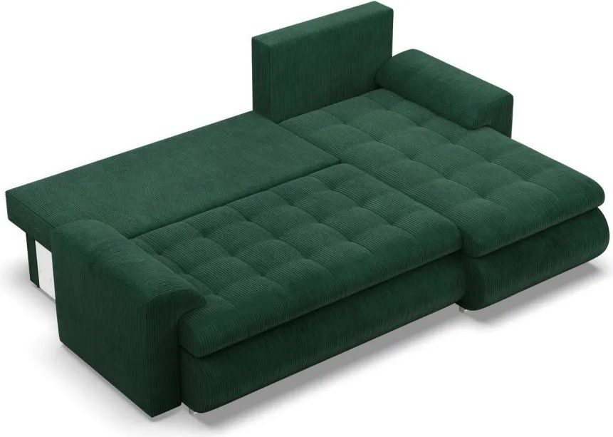 Tokio sarokkanapé, 2 ágyneműtartóval, kordbársony, jobboldali, zöld