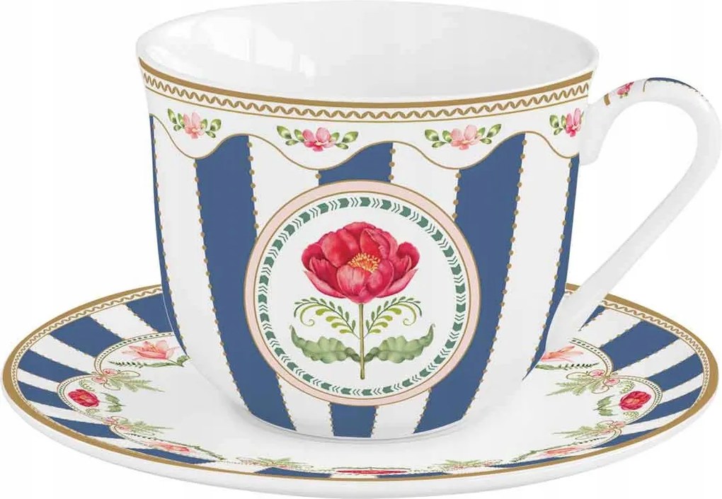 Csésze nagy szimpla 370 ml csészealj fehér-kék csíkos virágok