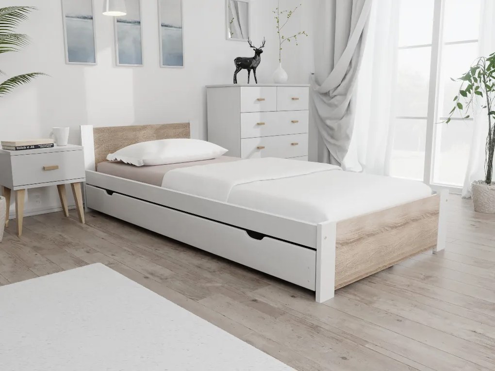 Ágy IKAROS 90 x 200 cm, fehér/som tölgy Matrac: SOMMERA 18 cm matraccal, Ágyrács: Deszkás ágyráccsal
