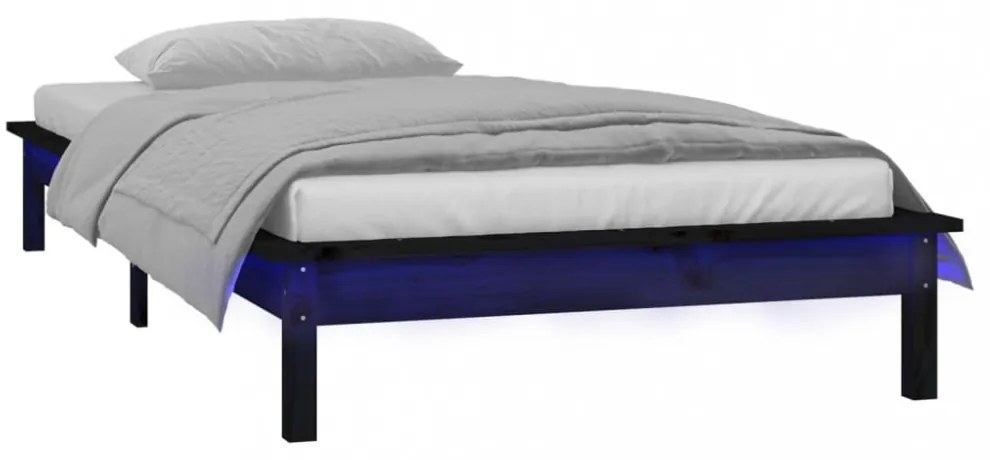 fekete tömör fa ágykeret LED-világítással 100 x 200 cm