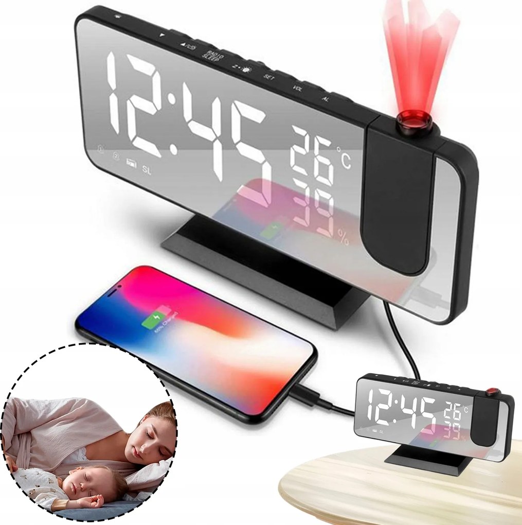 Digitális Projektoros Ébresztőóra Elektronikus Led Tükör Óra Hőmérséklet Rádió