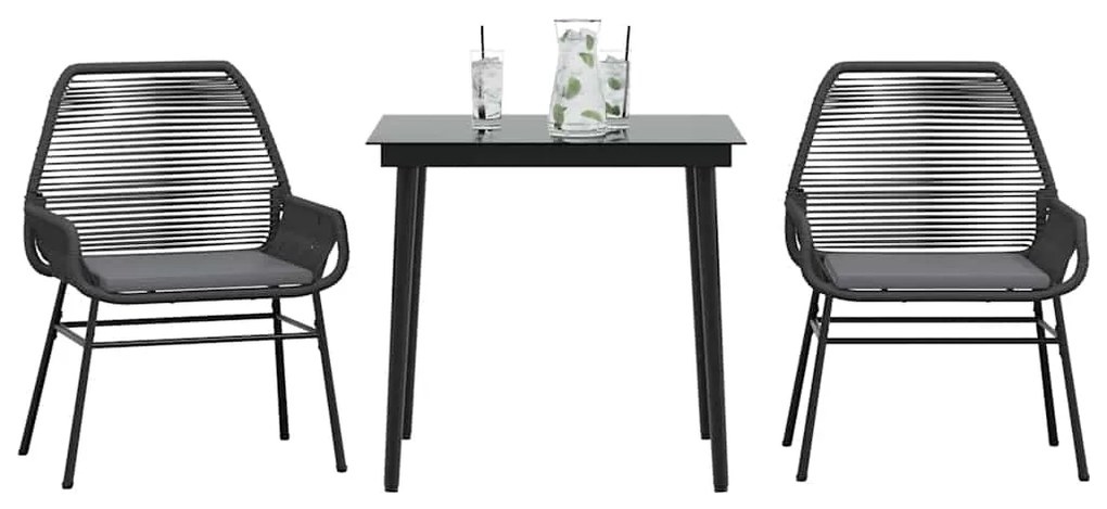 vidaXL 3 részes fekete polyrattan üveg kerti étkezőgarnitúra párnákkal