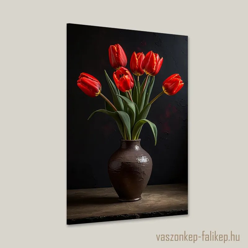 Piros tulipán csokor rusztikus vázában – természetes elegancia 40x60cm