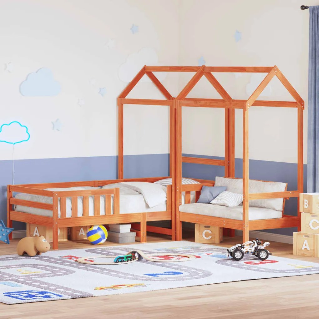 viaszbarna tömör fenyőfa ágy és pad szett tetővel 80 x 200 cm