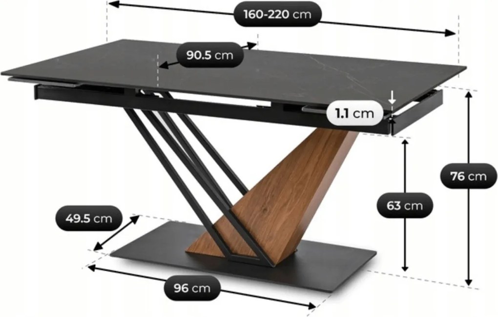 Kihúzható kerámia étkezőasztal 160–220 cm méretben, fekete márvány/dió színben REX
