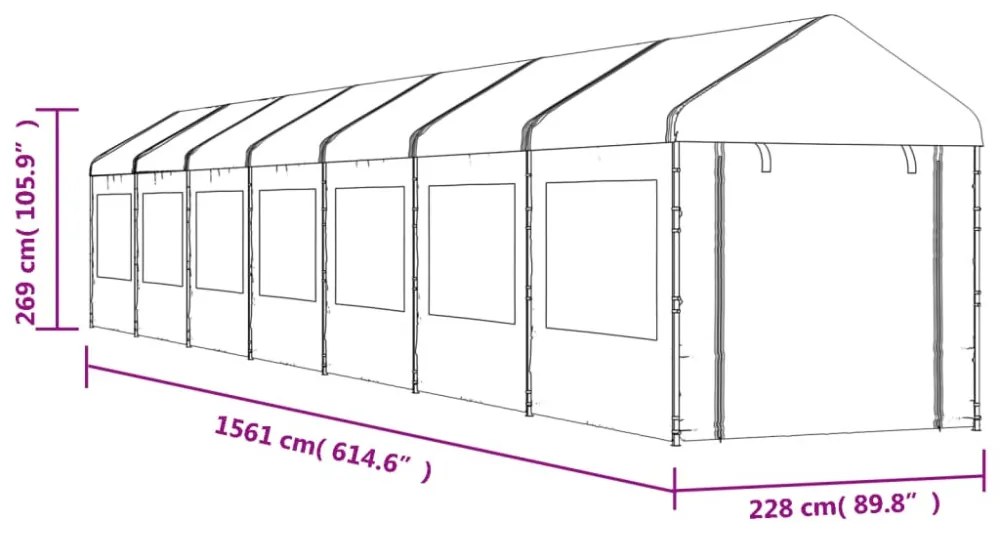 fehér polietilén pavilon tetővel 15,61 x 2,28 x 2,69 m