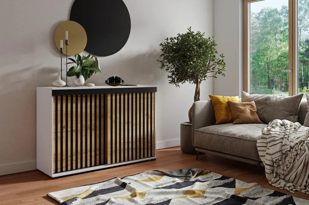 Malani Duplo 120 Tolóajtós Komód 120cm, Fehér-Arany Tölgy