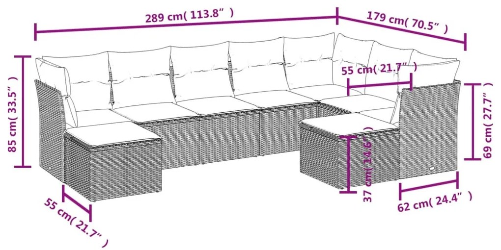 9 részes világosszürke polyrattan kerti ülőgarnitúra párnával