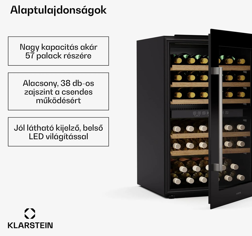 Klarstein Vinsider 57 Duo borhűtő, 2 hűtési zóna, 57 palack, beépíthető készülék