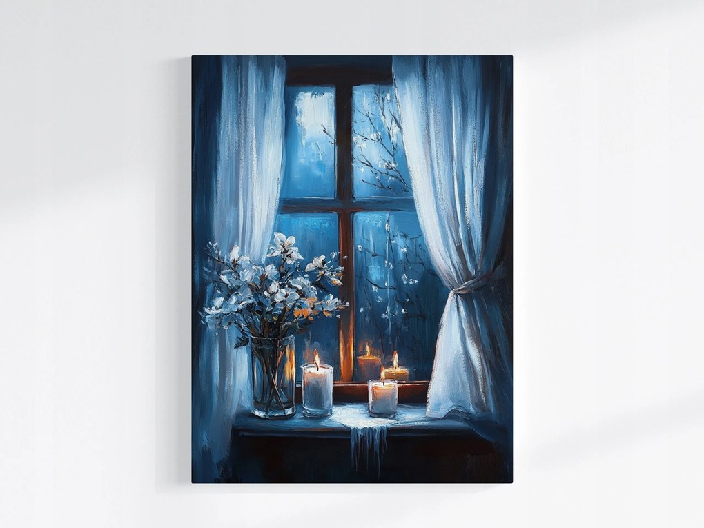 Vászonkép Canvas Ablak Este Éjszaka Gyertyák Virágok Hangulat Kilátás 60x80
