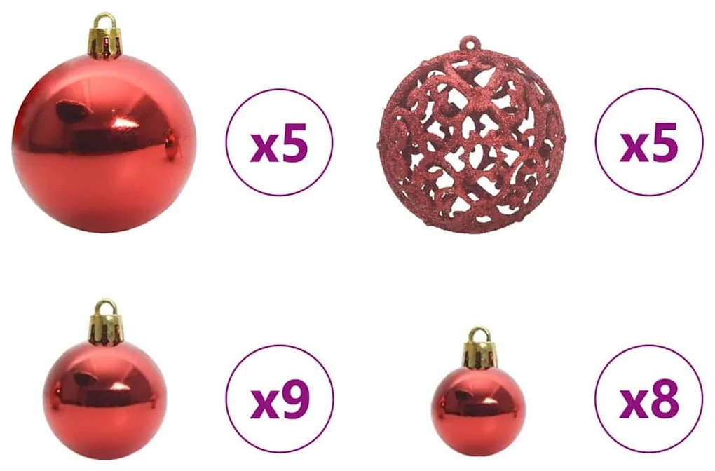 Karácsonyi Díszgömb Készlet 150 LED-del 61 pcs Piros Műanyag