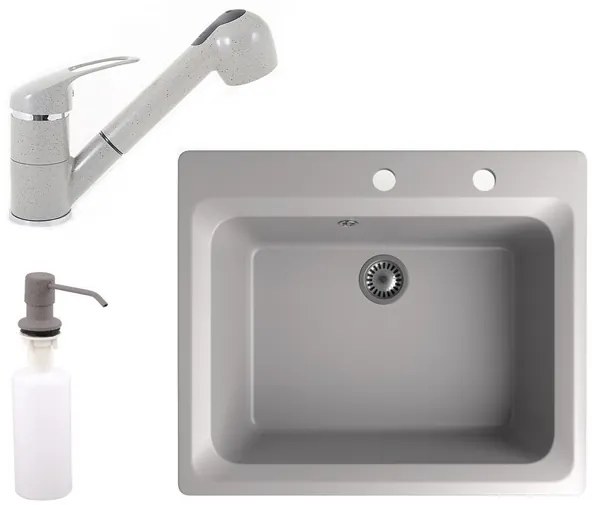 Gránit mosogató NERO Italia + kihúzható Shower csaptelep + adagoló (szürke)