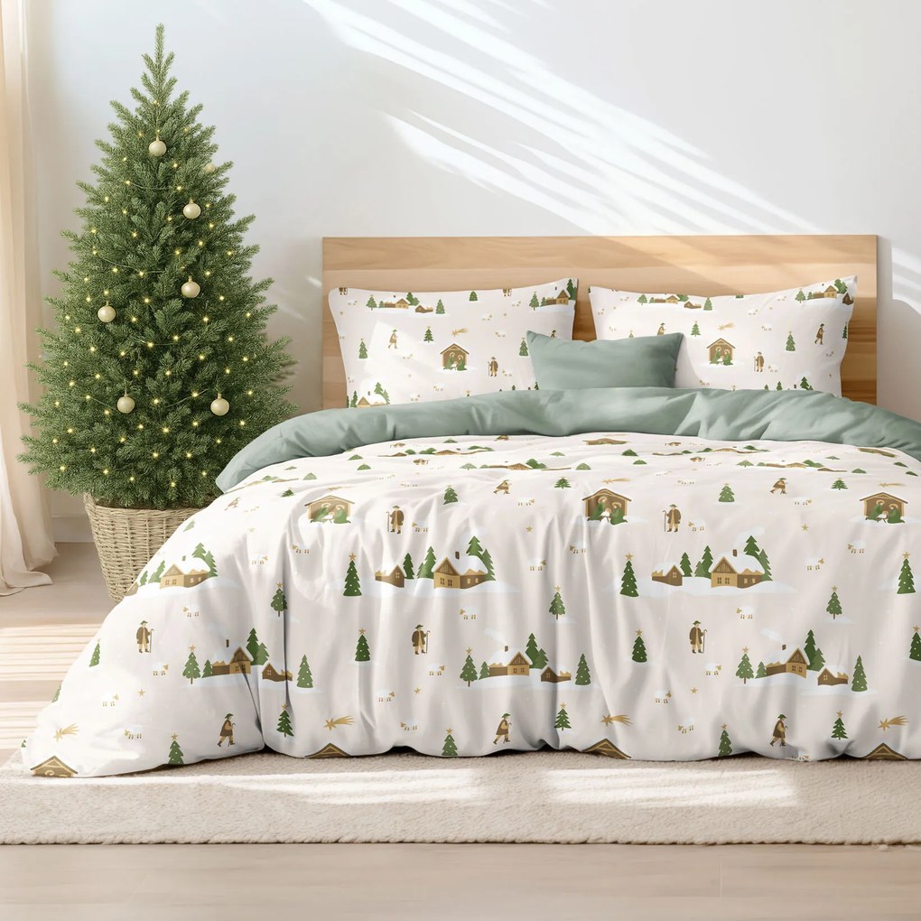 Goldea karácsonyi pamut ágyneműhuzat duo - karácsonyi dalok, zsálya színű hátoldal 240 x 220 és 2db 70 x 90 cm