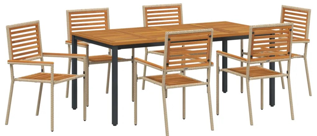 7 Darabos Kerti Étkezőszett Bézs Polirattan Akác, Egymásra Rakható Kerti Székek Párnával - 2 Darab Bézs Polirattanban, Kerti Asztal 180x90x75 cm Tömör Akácfa és Fém