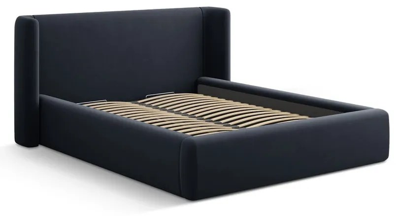 Sötétkék kárpitozott ágyneműtartós franciaágy ágyráccsal 160x200 cm Jason – Windsor &amp; Co Sofas