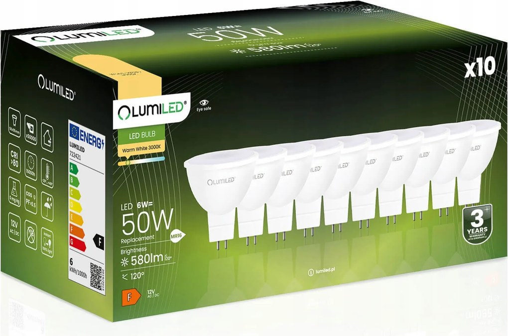 10x Led izzó MR16 6W 50W 580lm 3000K Meleg 12V Lumiled Nem Pislog