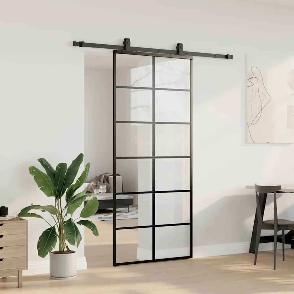 Fekete ESG üveg tolóajtó fémszerelvény-szettel 90x205 cm