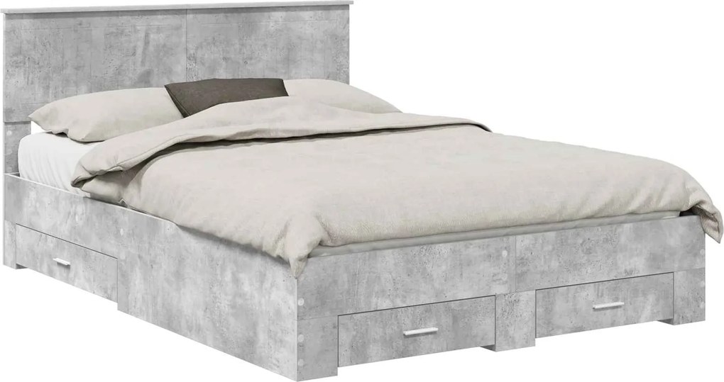 vidaXL Ágykeret fejtámlával fiókkal Beton Szürke 135 x 190 cm Faanyag
