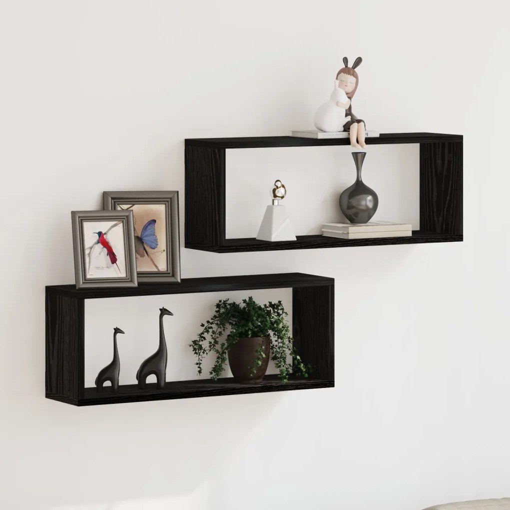 Fali Polcok 2 Darab Fekete Tölgy 60x15x23 cm Műanyag Fából Készült