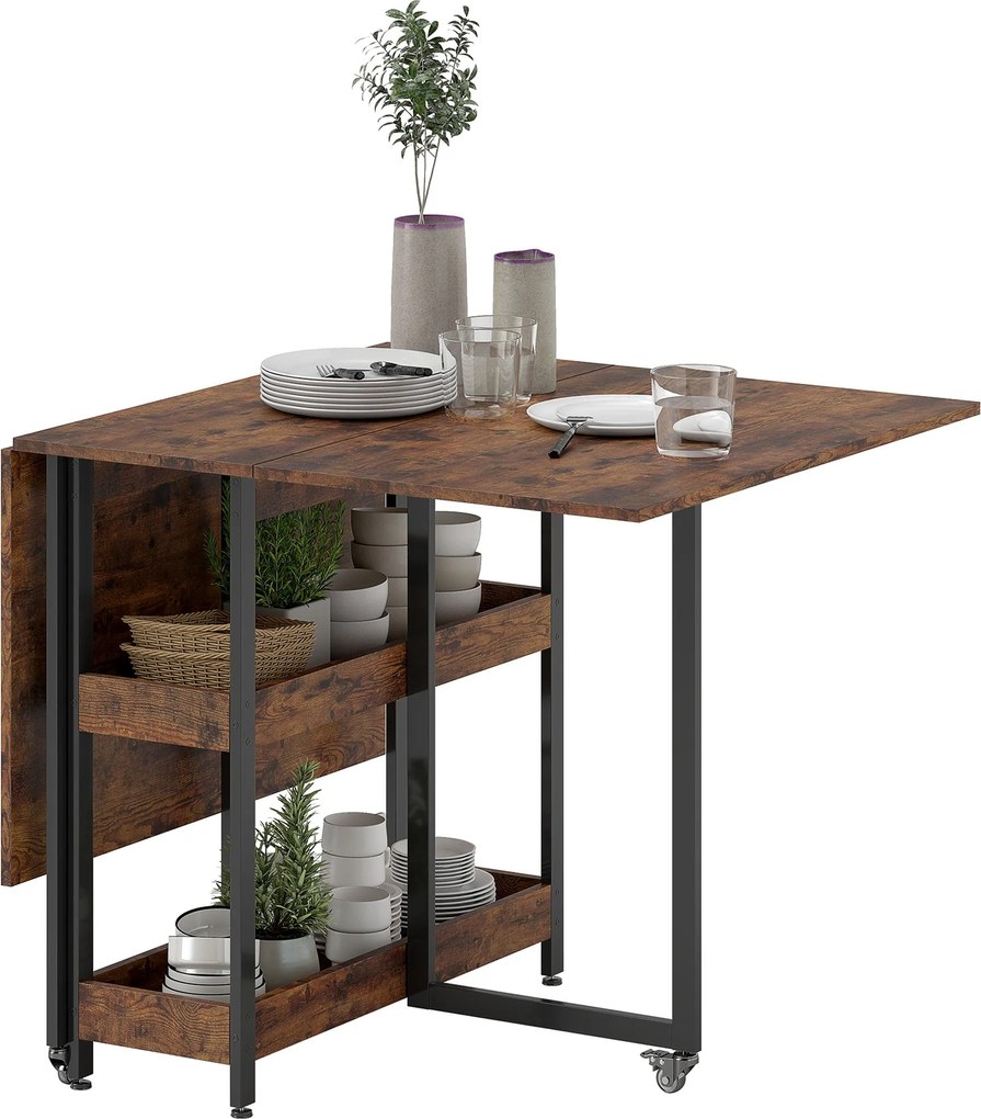 HOMCOM Hajtható Étkezőasztal 2-4 Fő Részére 2 Nyitott Polccal, Konyhaasztal Kerekekkel Kicsi Terekhez, Étkező, Konyha 133,4 x 80 x 75 cm Rusztikus Bar