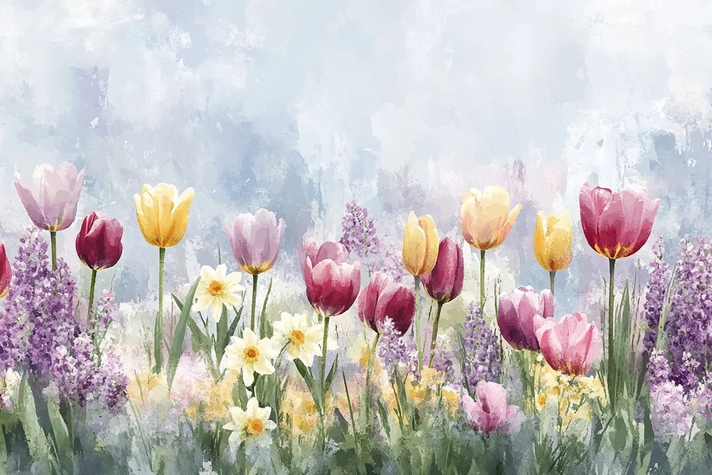 Fotótapéta Flizelina Kert Virágok Tulipánok Nárciszok Tavasz 254x184 ragasztó