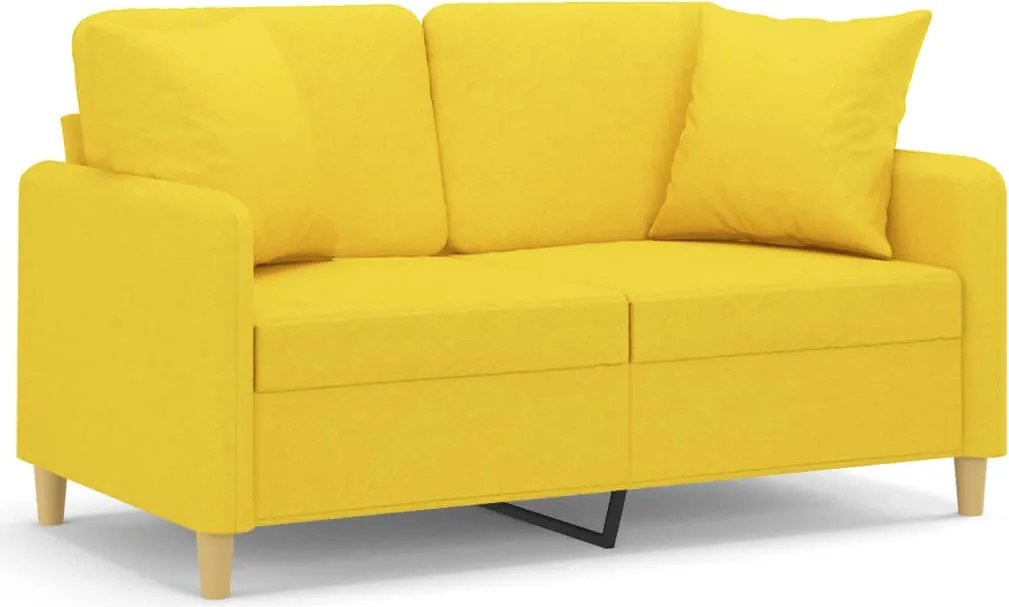 vidaXL 2 személyes világossárga szövet kanapé díszpárnákkal 120 cm