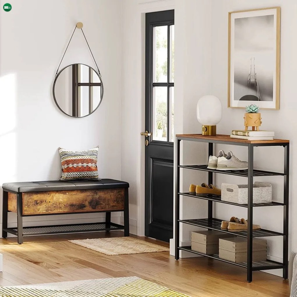 Cipőtároló polc 4 fém hálós polccal, rusztikus barna 100x30x92cm