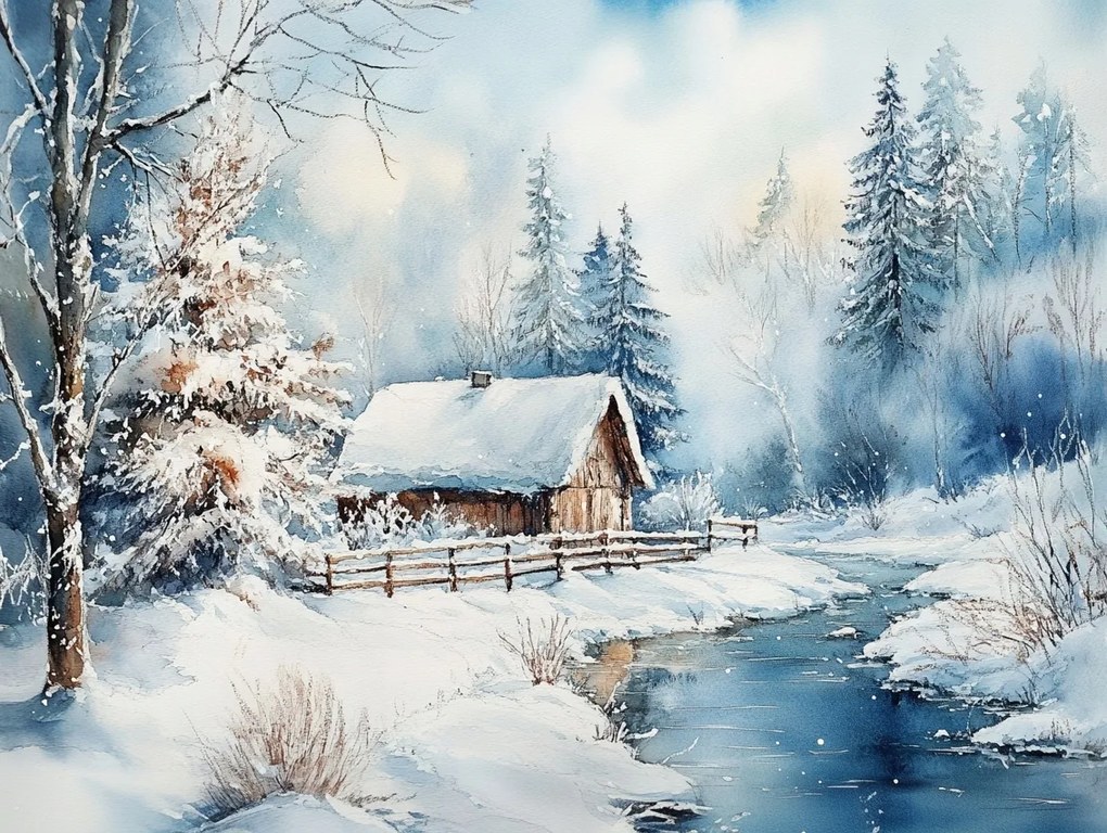 Vászonkép Canvas Tájkép Tél Erdő Ház Folyó Hó 100x75