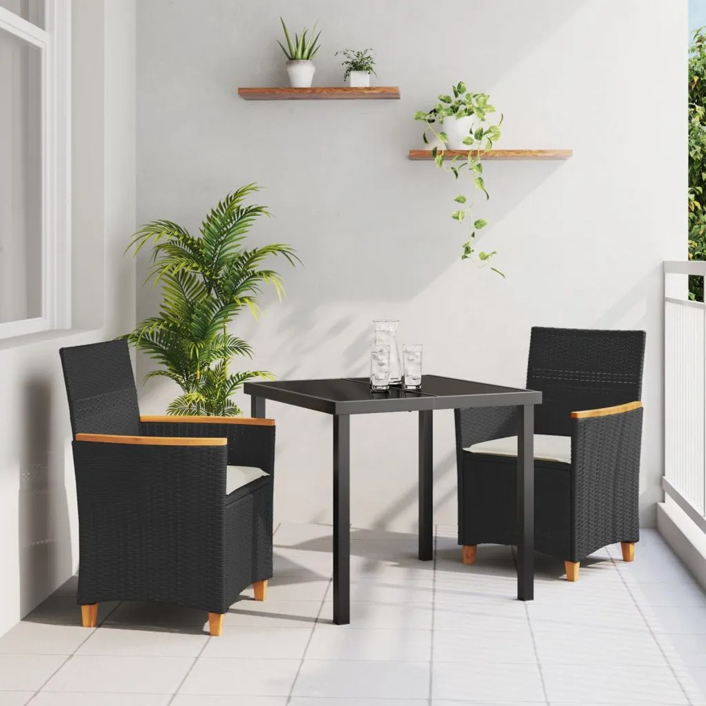 3 darabos kerti étkezőszett párnákkal, fekete poli rattan