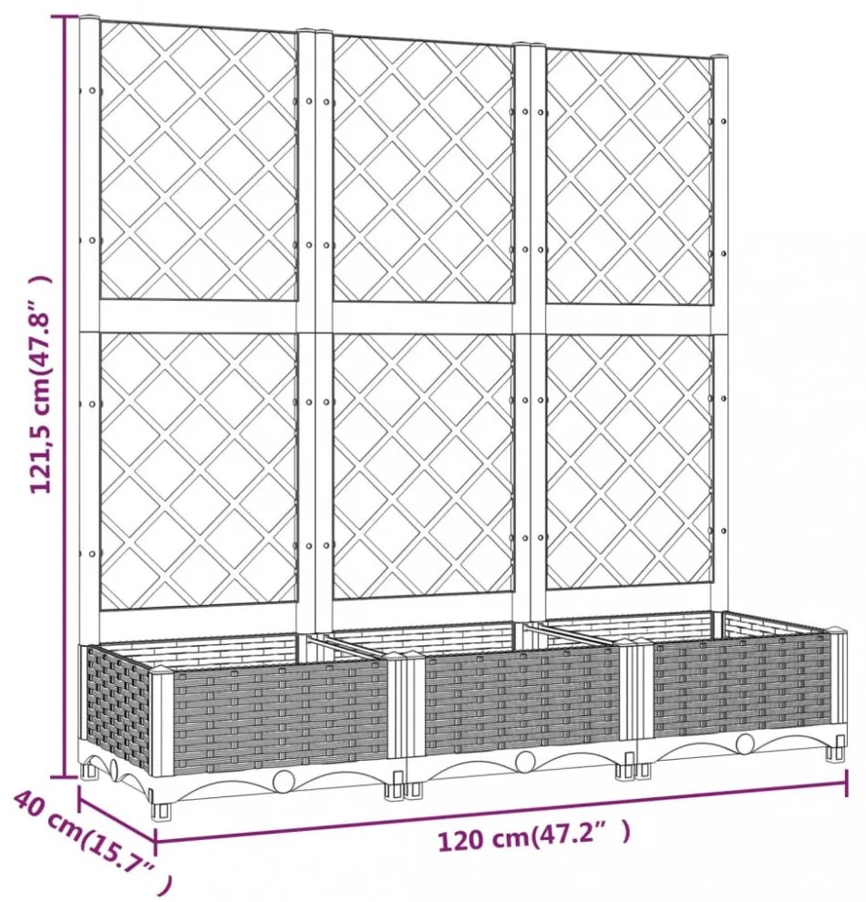 sötétszürke PP rácsos kerti ültetőláda 120 x 40 x 121,5 cm