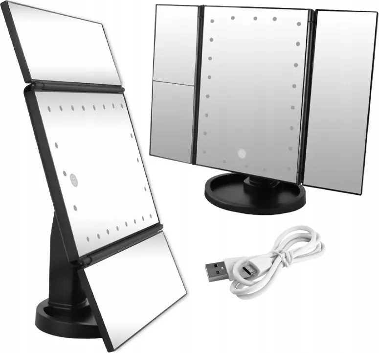 Állítható, forgatható, kihajtható LED-es tükör, fekete