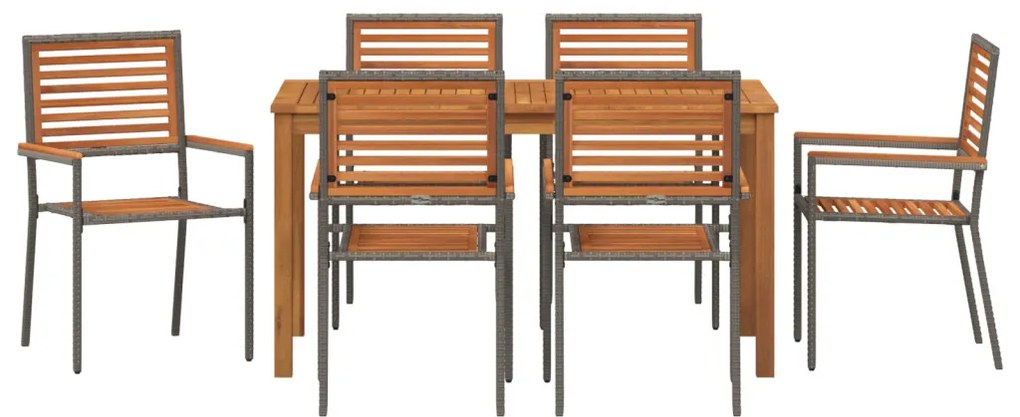 7 darabos kerti étkezőszett szürke poli rattan akáciából, Zsákrakásos kerti szék párnázattal 2 db szürke poli rattan
